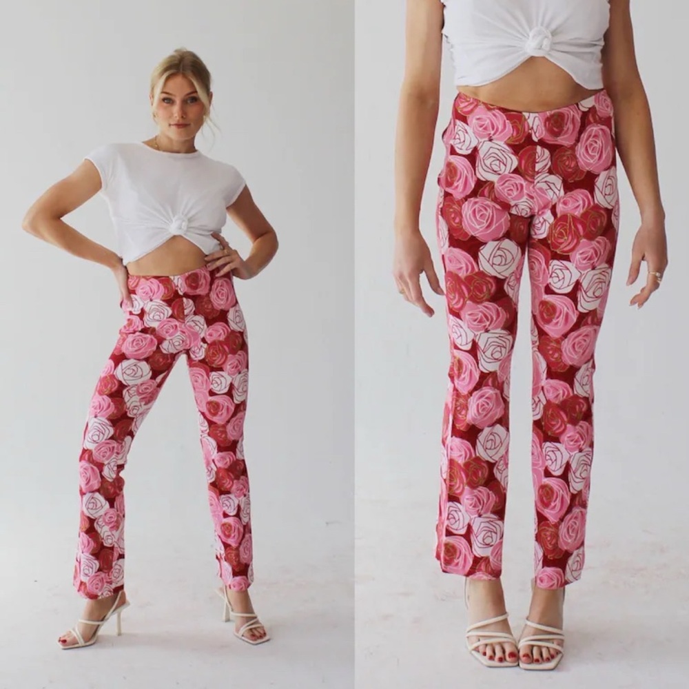 Y2K ROSE PANTS- 90s Vintage High waist Stretch Pink Red Coquette Sparkle